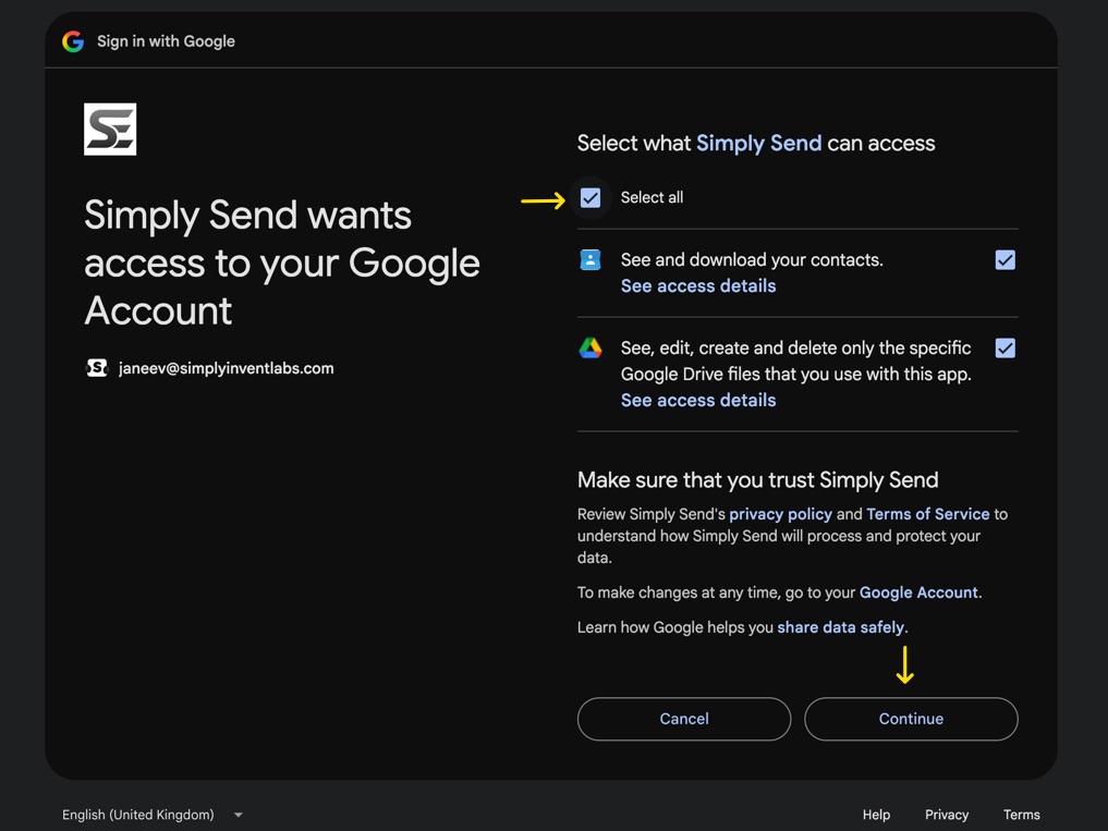 Google Sheets setup step 3: Review Google access