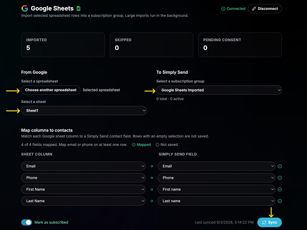 Google Sheets setup step 4: Choose, map, and Sync